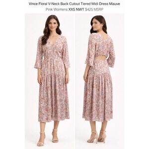 Vince Mauve Floral Midi Dress XXS V Neck Back Cutout Tiered Dress NWTV823051466